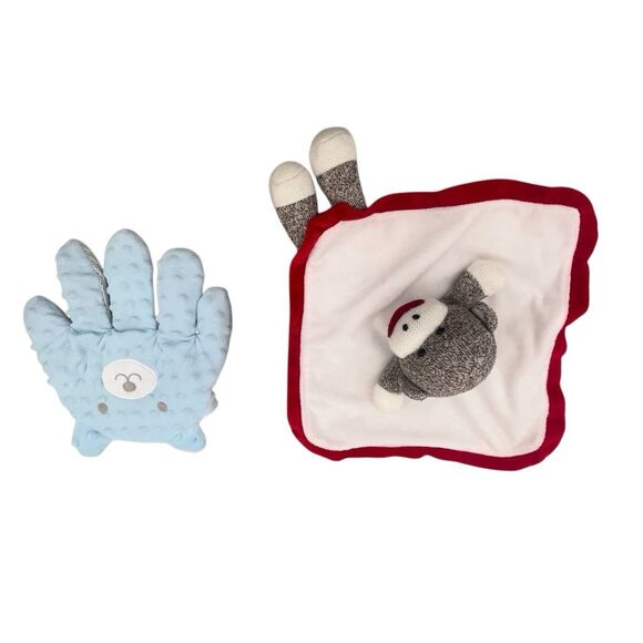 Baby Starters Sock Monkey Security Blanket and Blue Plush Bear Hand Rattle - Picture 1 of 6